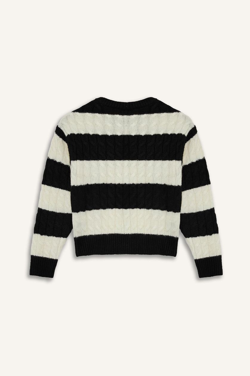 FILLES Noir Pull en tricot rayé à col rond pour fille