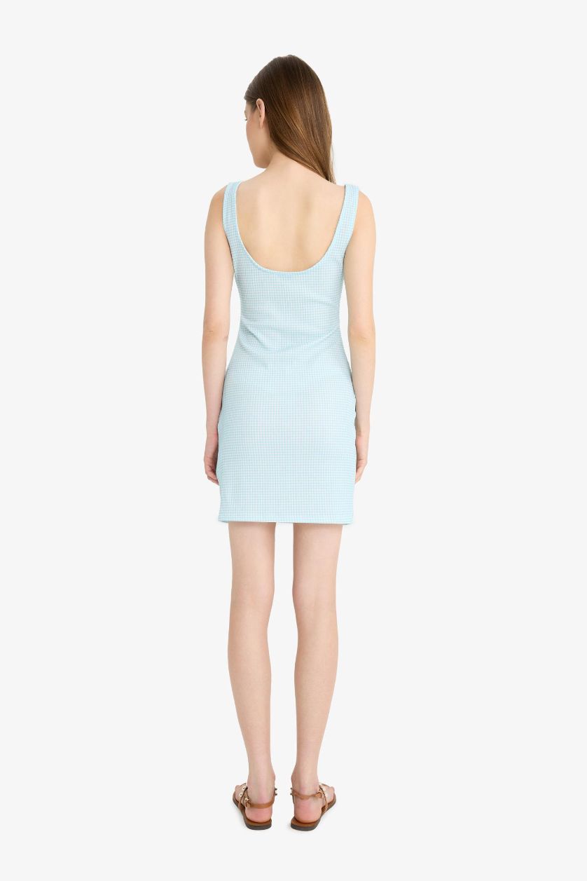 Kadın Deniz Mavisi Bodycon Vücudu Saran Kare Yaka Pötikareli Bürümcük Askılı Mini Yazlık Elbise