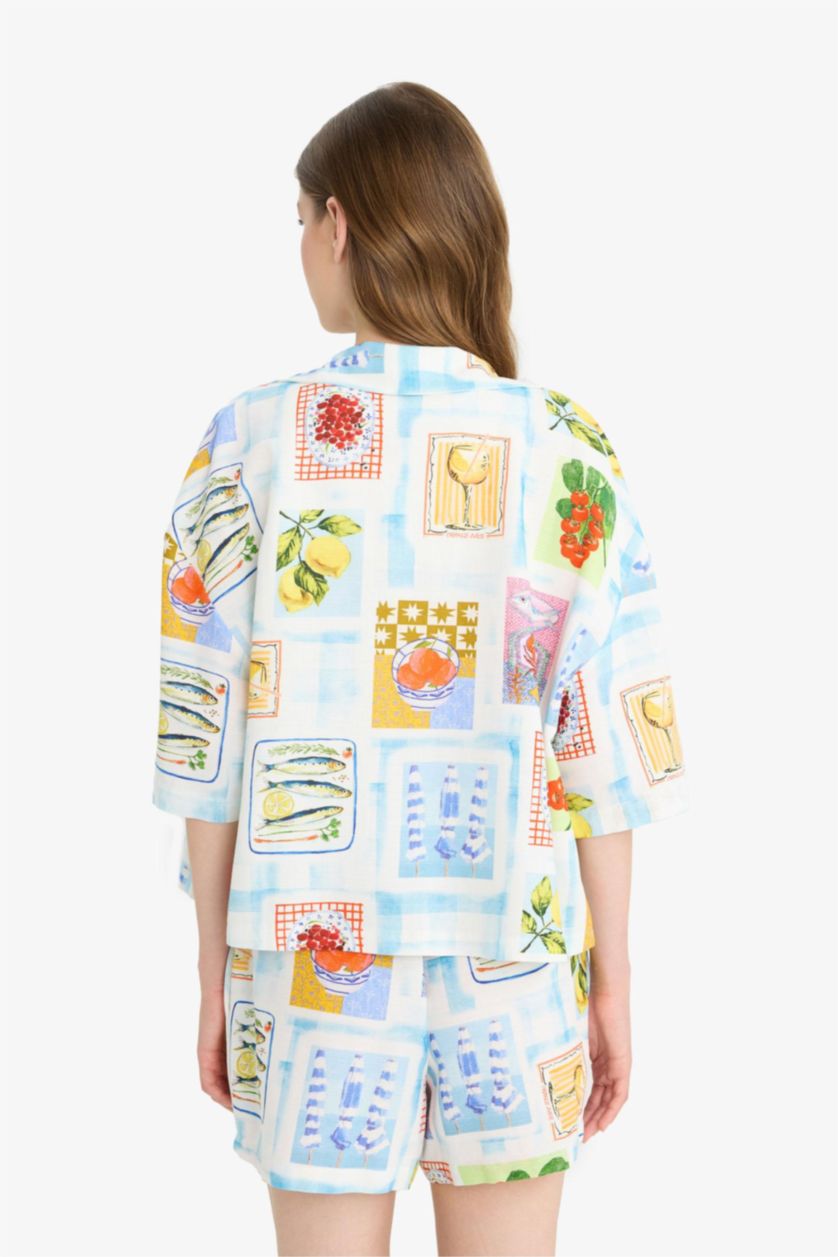 Kadın Kırık Beyaz Oversize Geniş Kalıp Meyve Desenli Kısa Kollu Gömlek