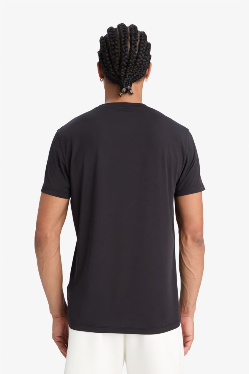 Erkek Siyah Hızlı Kuruyan Slim Fit Dar Kesim Bisiklet Yaka Baskılı Sporcu Kısa Kollu Tişört