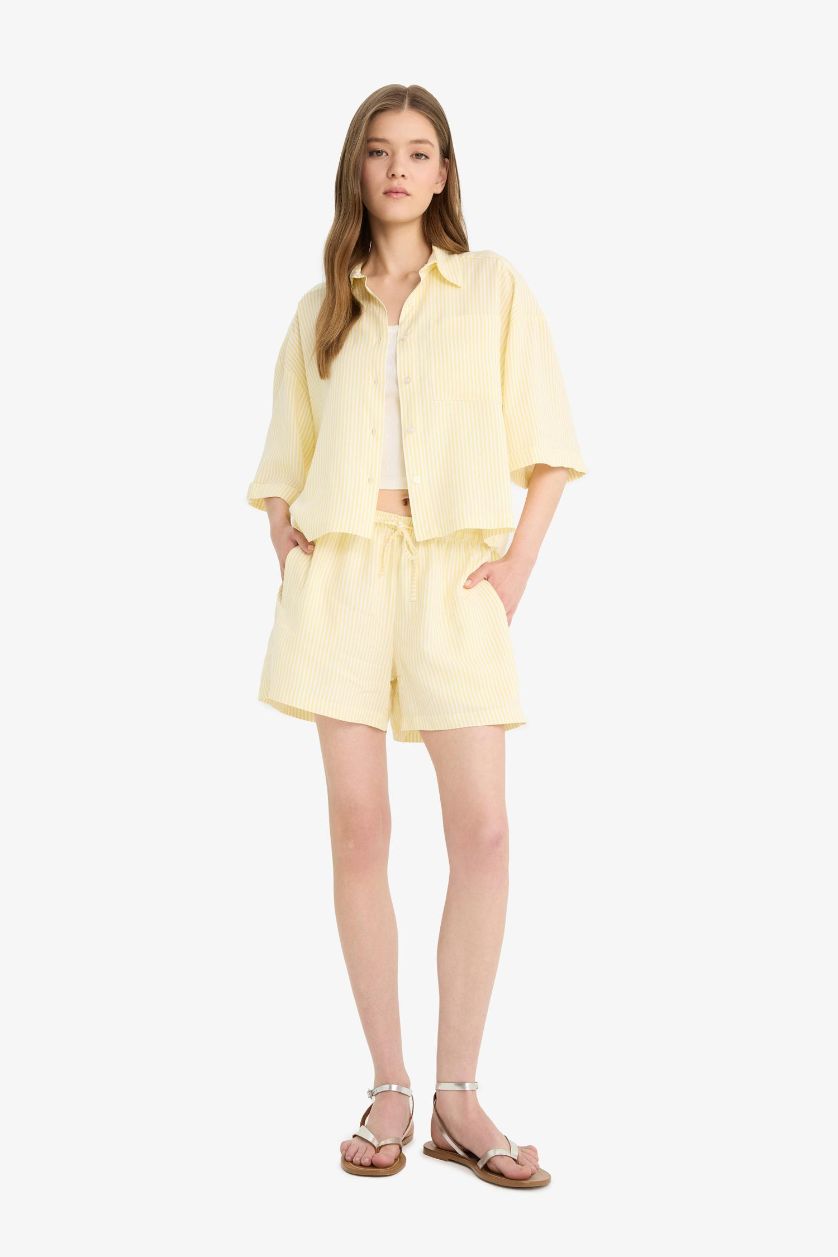 Woman Yellow Oversize Shirt Collar Linen Blended Short Sleeve Shirt