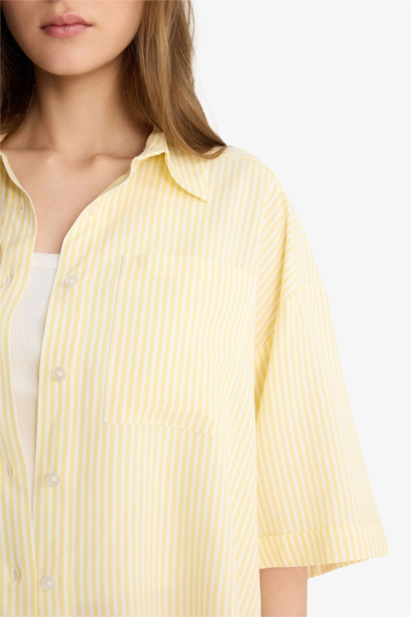 Woman Yellow Oversize Shirt Collar Linen Blended Short Sleeve Shirt