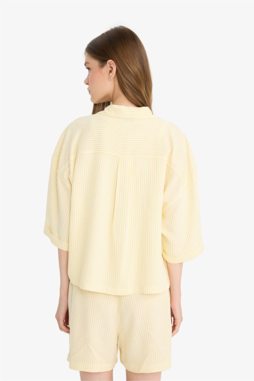 Woman Yellow Oversize Shirt Collar Linen Blended Short Sleeve Shirt