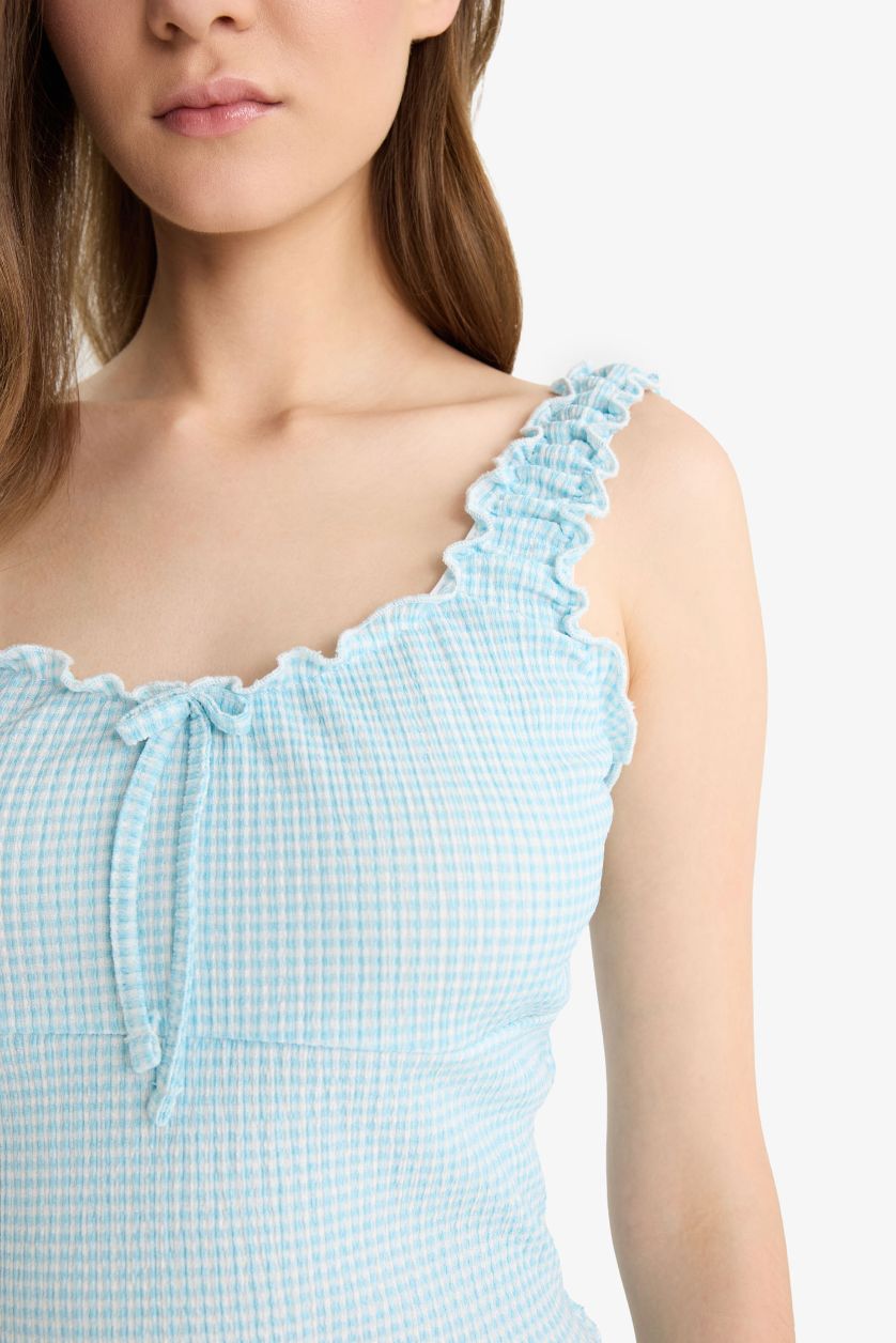 Kadın Deniz Mavisi Fitted Dokulu Askılı Bluz