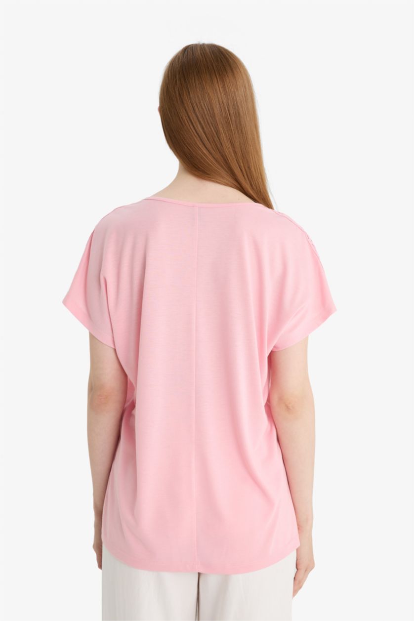 Kadın Pembe V Yaka Kısa Kollu Tişört