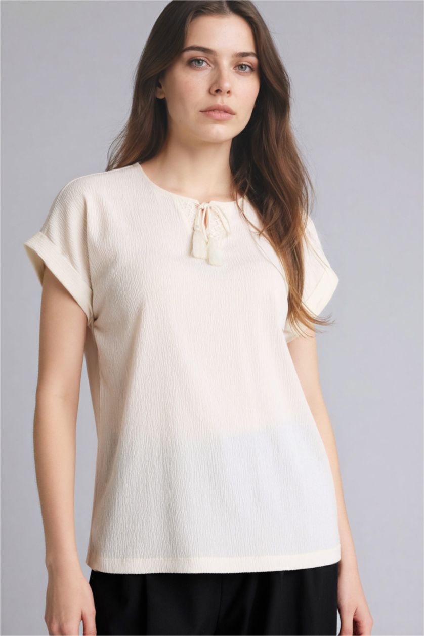 Женщины Бежевый Футболка из ткани букле с круглым вырезом и коротким рукавом