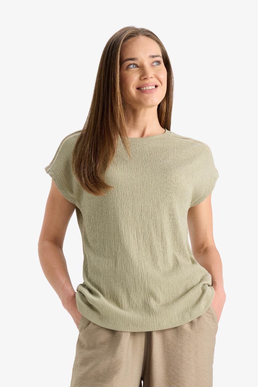 نساء أخضر Crew Neck Crepe Short Sleeve T-Shirt