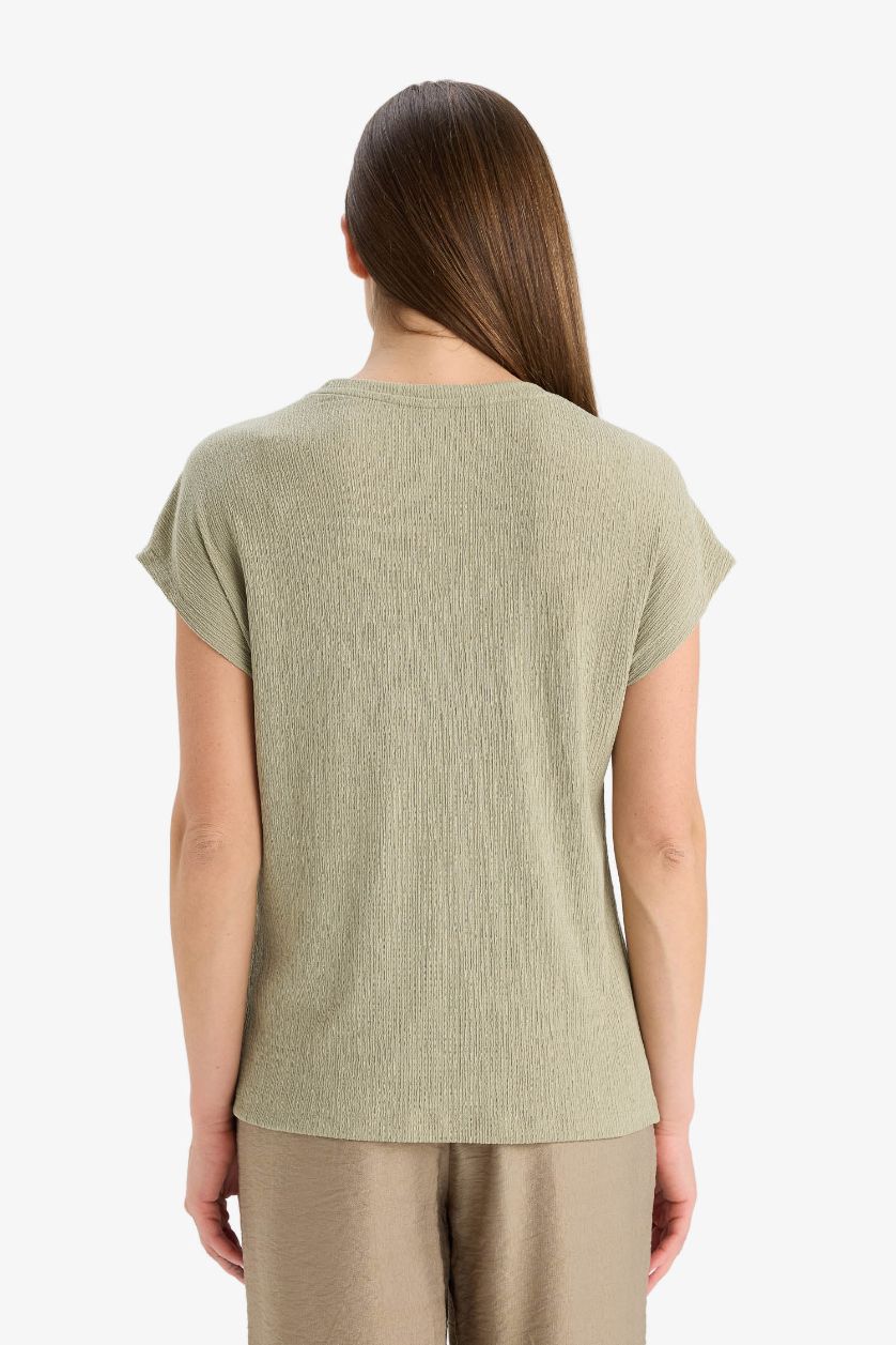 نساء أخضر Crew Neck Crepe Short Sleeve T-Shirt