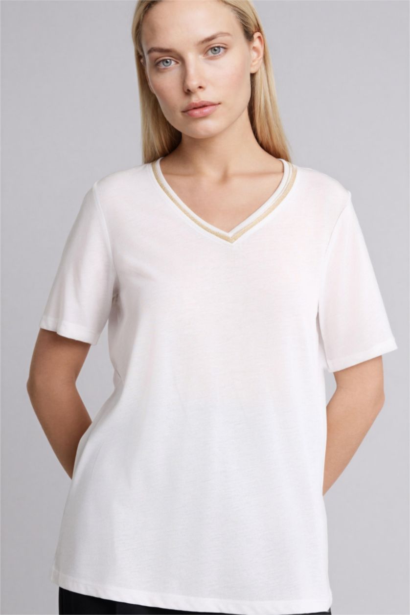 Әйелдерге экру Футболка Regular Fit с V-образным вырезом и коротким рукавом