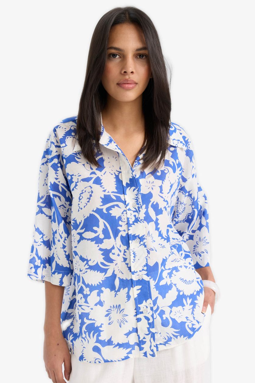 WOMAN Sax Oversize Fit Floral Voile Short Sleeve Shirt