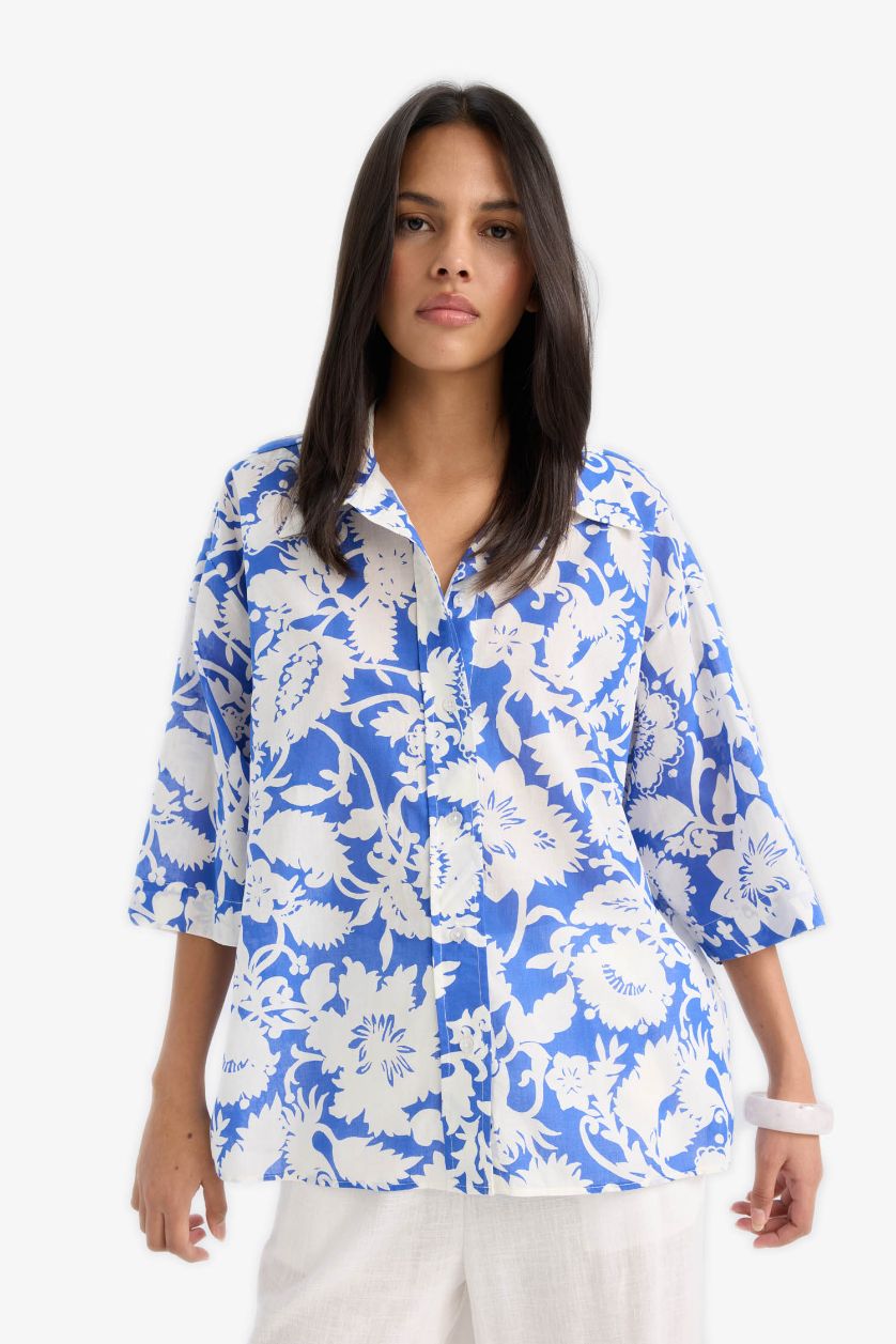 WOMAN Sax Oversize Fit Floral Voile Short Sleeve Shirt