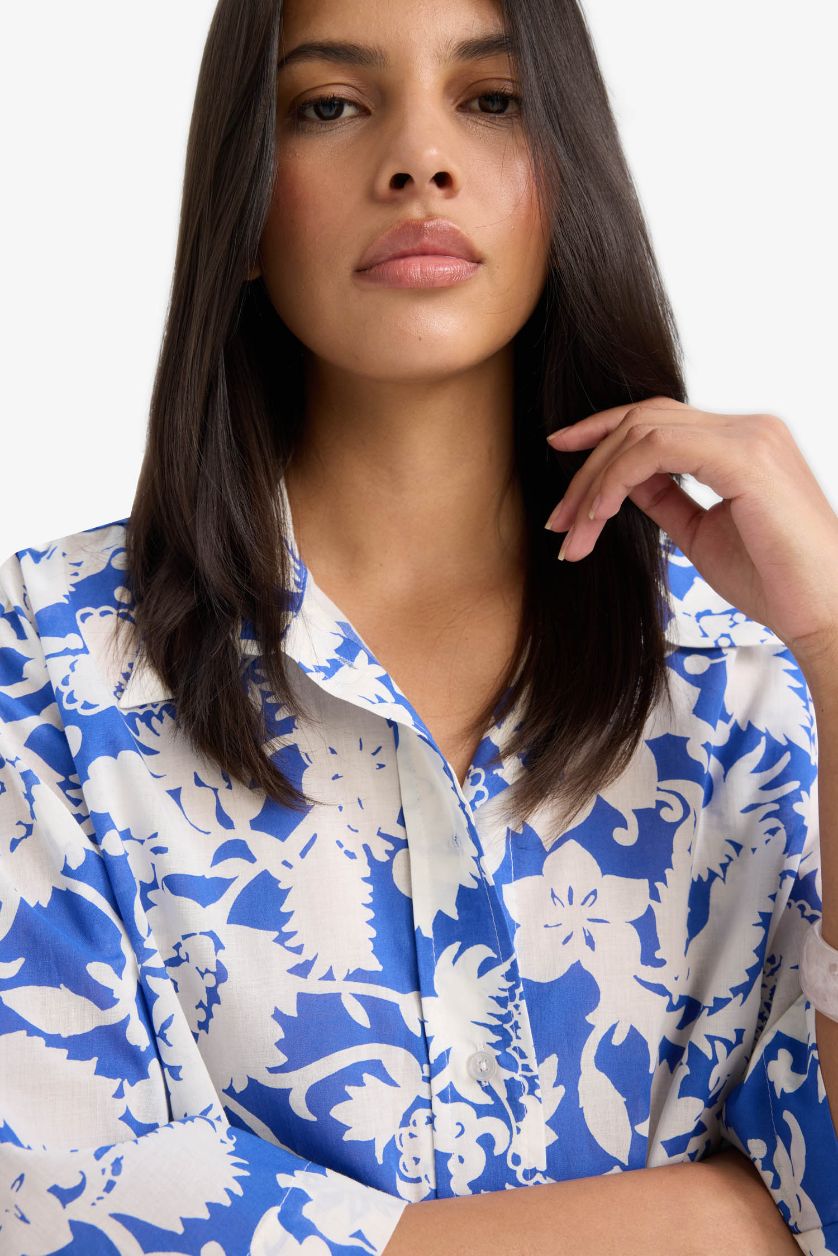 WOMAN Sax Oversize Fit Floral Voile Short Sleeve Shirt