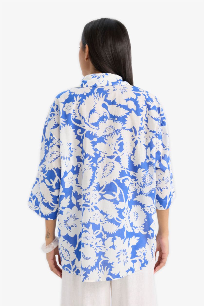 WOMAN Sax Oversize Fit Floral Voile Short Sleeve Shirt