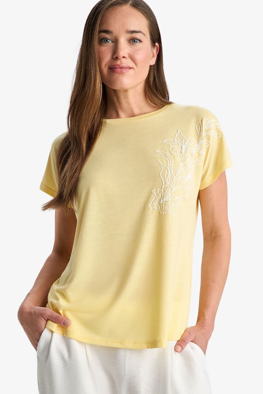 Kadın Sarı Bisiklet Yaka Basic Düz Kısa Kollu Tişört