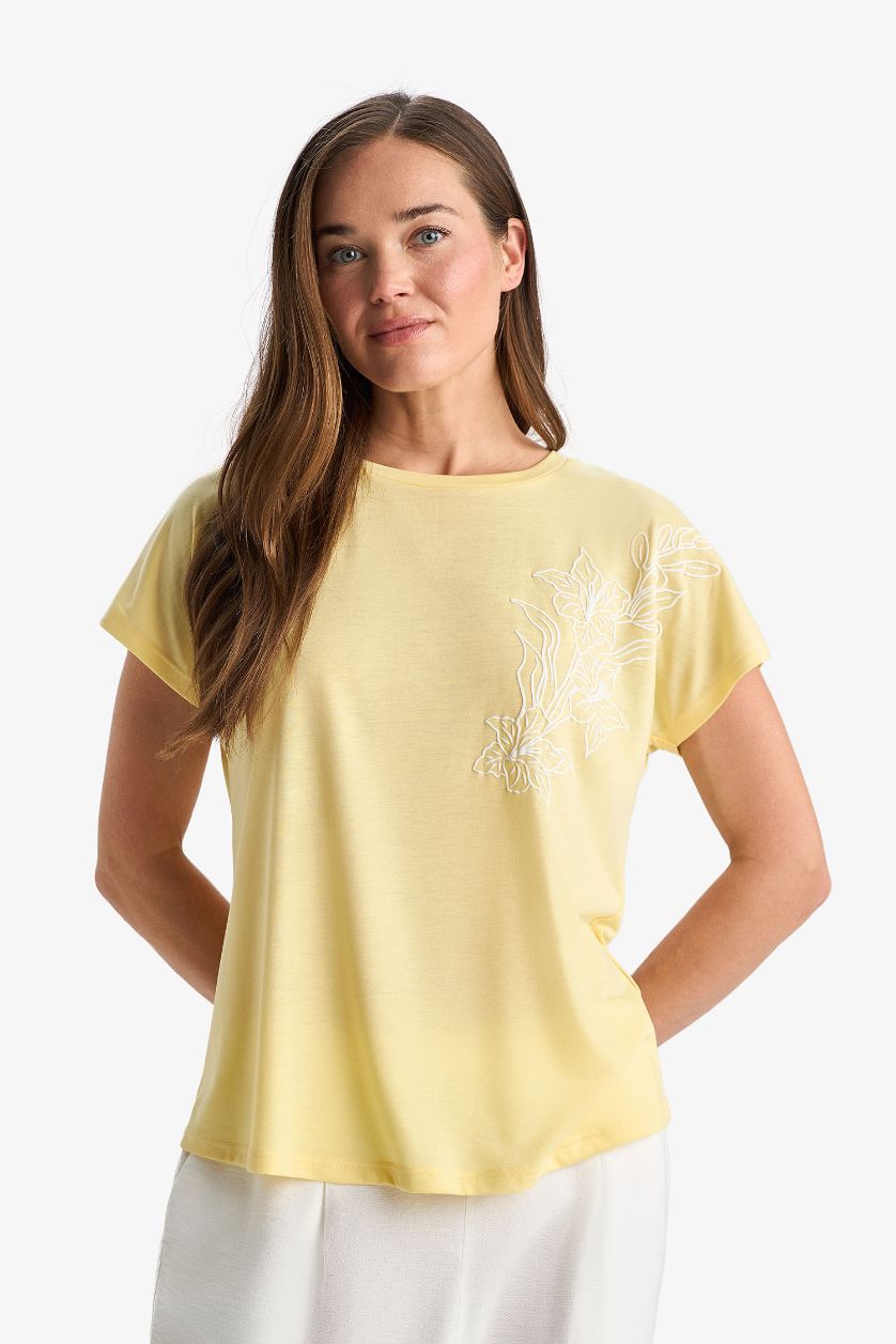 Kadın Sarı Bisiklet Yaka Basic Düz Kısa Kollu Tişört