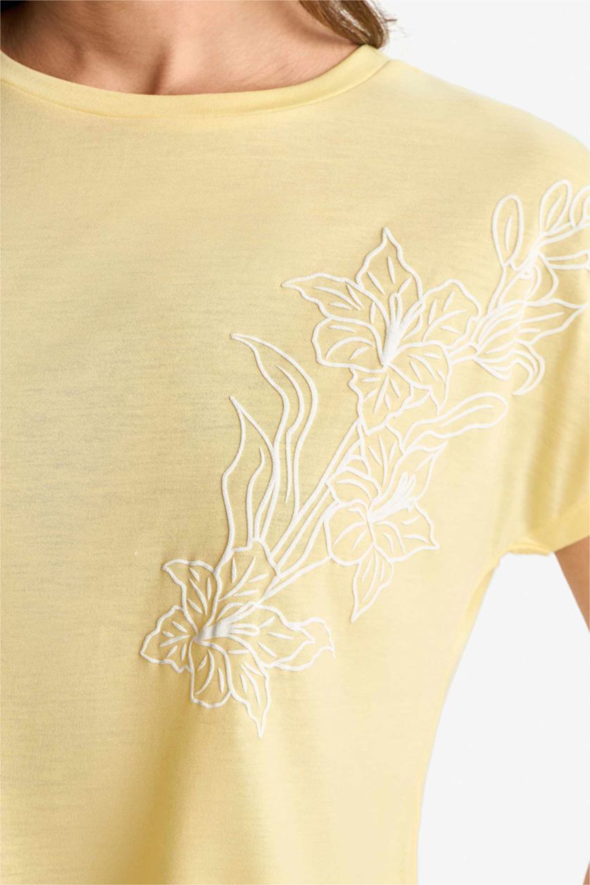 Kadın Sarı Bisiklet Yaka Basic Düz Kısa Kollu Tişört