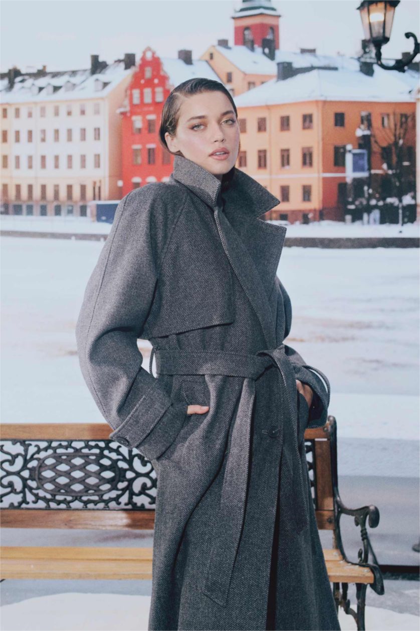 Kadın Antrasit Afra x DeFacto Kuşaklı Cepli Uzun Kaşe Kaban