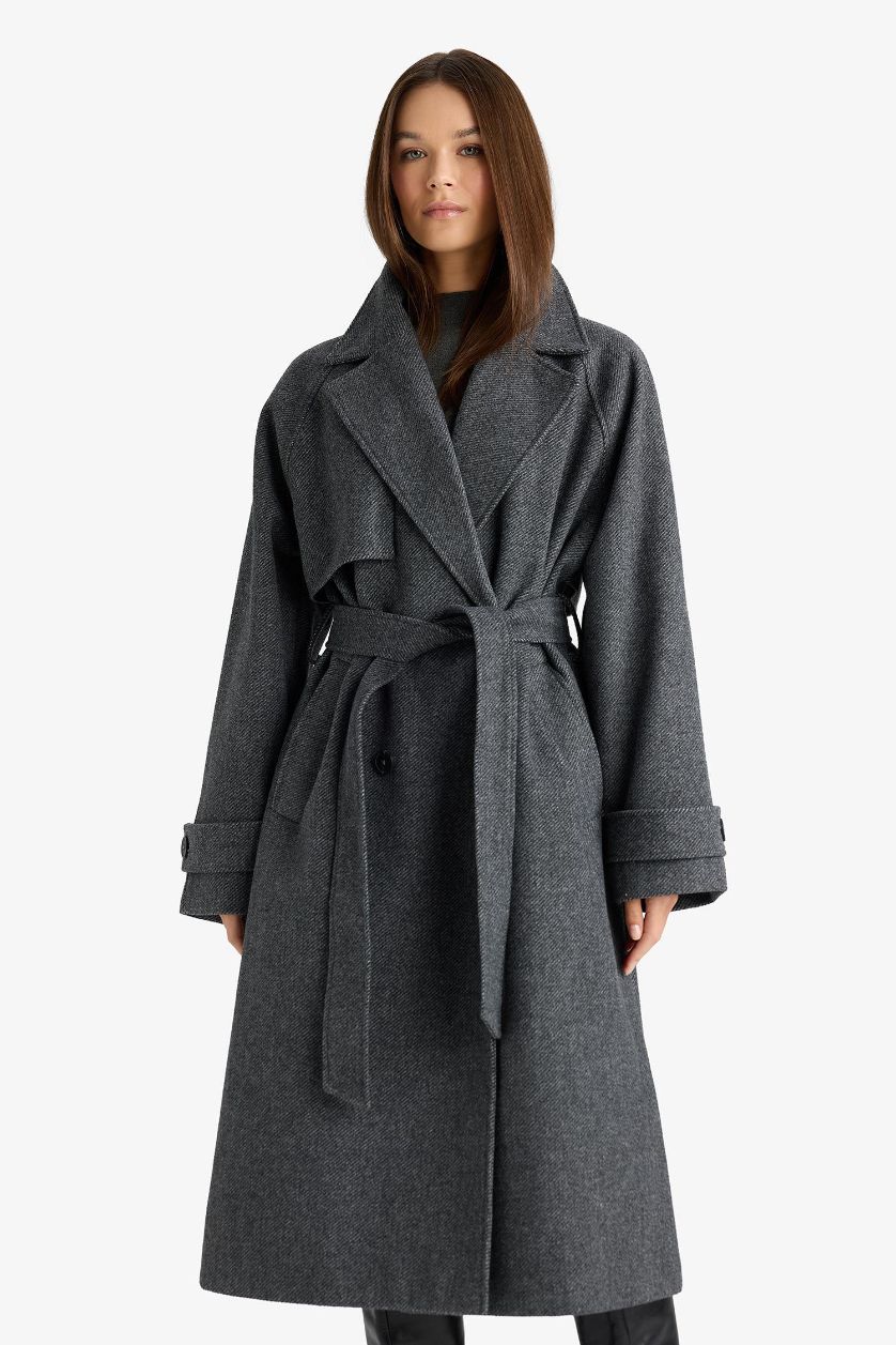 Kadın Antrasit Afra x DeFacto Kuşaklı Cepli Uzun Kaşe Kaban