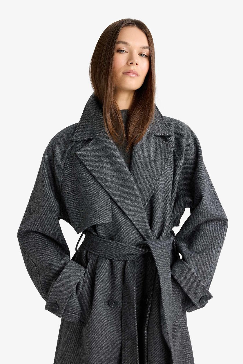 Kadın Antrasit Afra x DeFacto Kuşaklı Cepli Uzun Kaşe Kaban