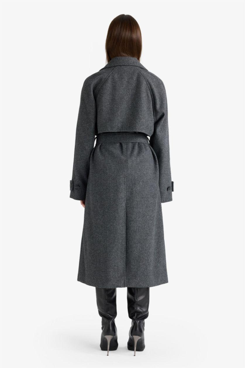 Kadın Antrasit Afra x DeFacto Kuşaklı Cepli Uzun Kaşe Kaban