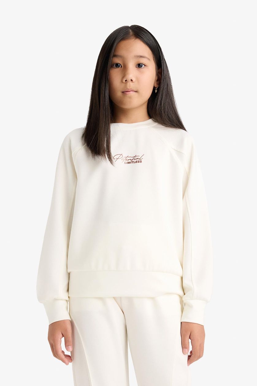 FILLES Écru Sweatshirt en modal imprimé à col rond Coupe décontractée pour fille