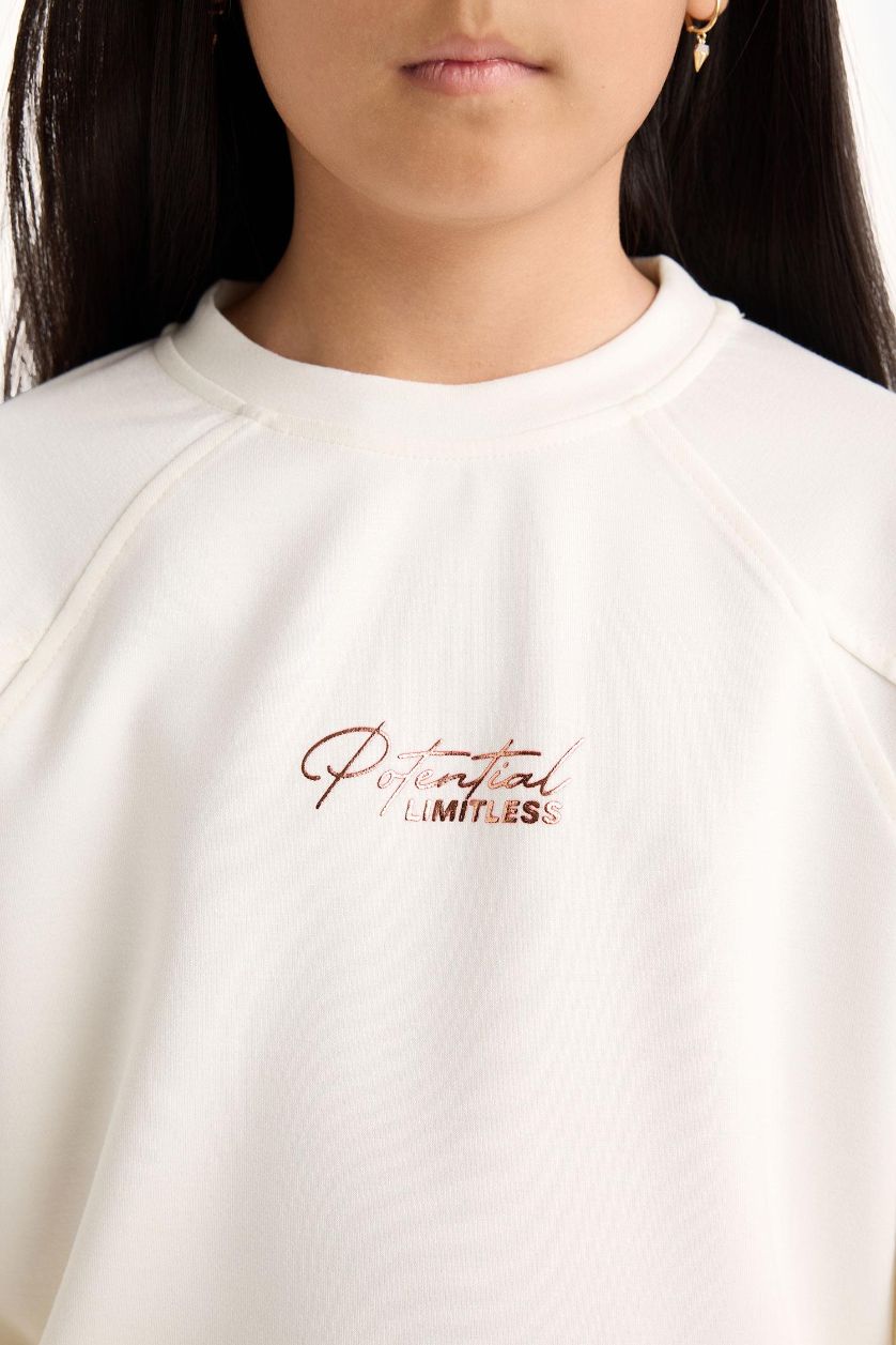 FILLES Écru Sweatshirt en modal imprimé à col rond Coupe décontractée pour fille