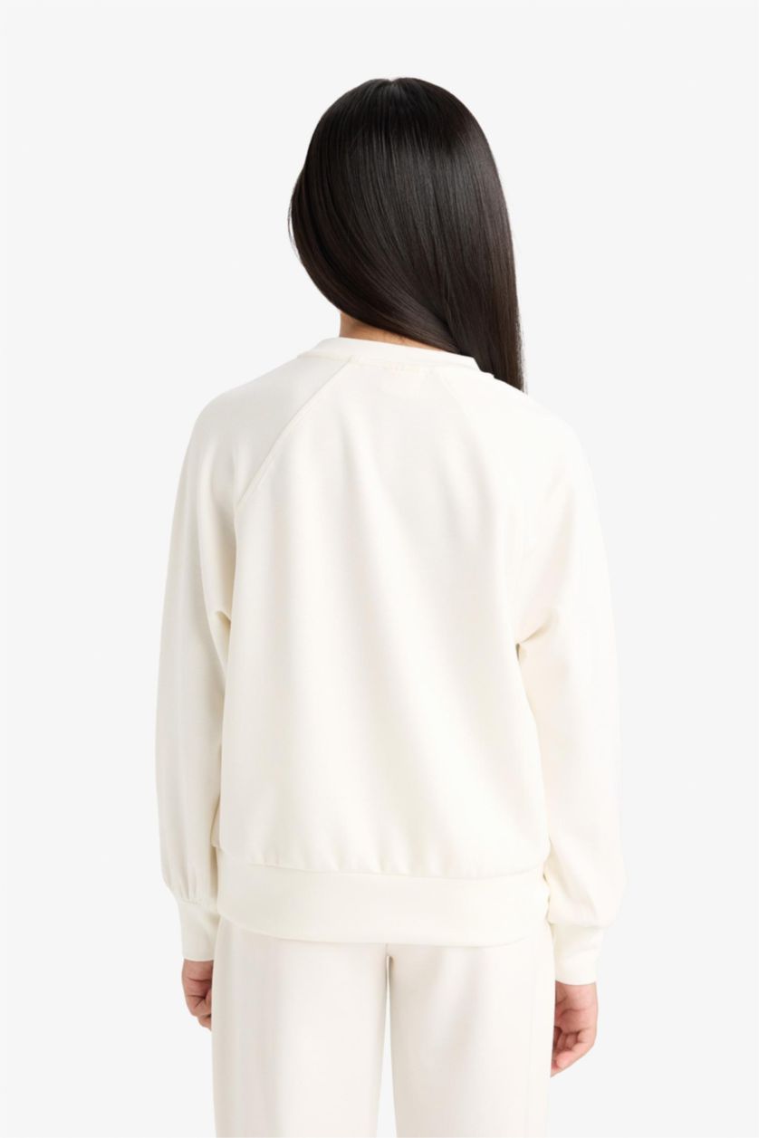 FILLES Écru Sweatshirt en modal imprimé à col rond Coupe décontractée pour fille