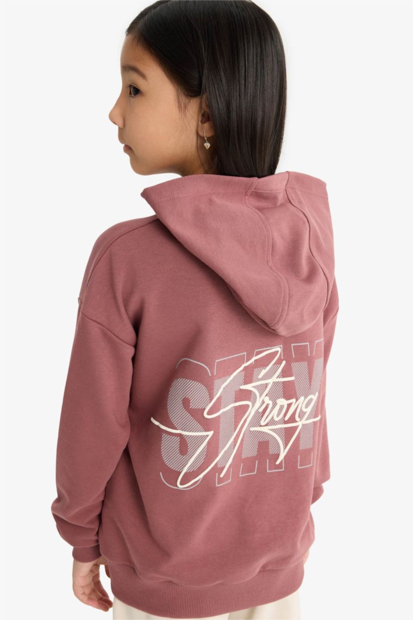 Kız Çocuk - Genç Kız Koyu Gülkurusu Oversize Geniş Kalıp Kapüşonlu Sırt Baskılı Sweatshirt Kız Çocuk