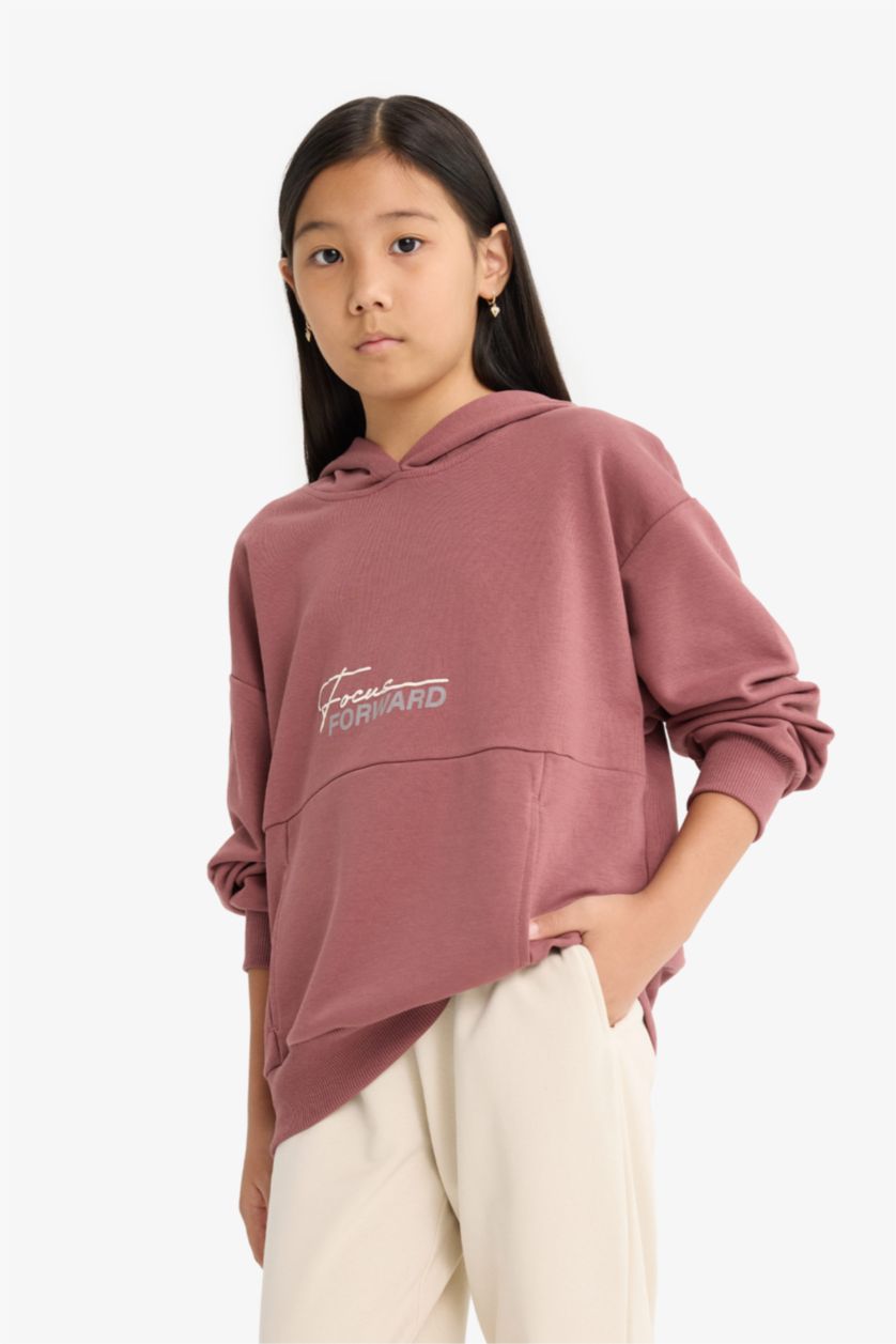 Kız Çocuk - Genç Kız Koyu Gülkurusu Oversize Geniş Kalıp Kapüşonlu Sırt Baskılı Sweatshirt Kız Çocuk