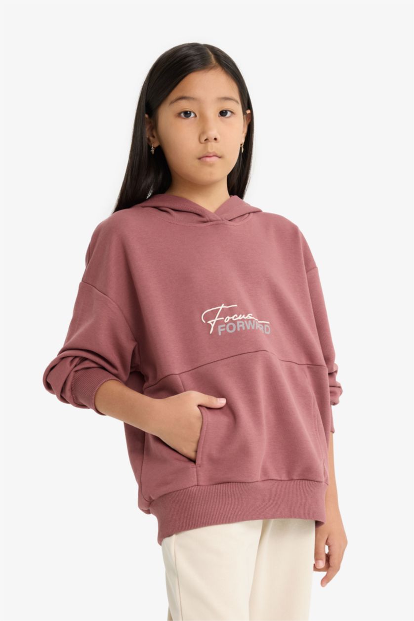 Kız Çocuk - Genç Kız Koyu Gülkurusu Oversize Geniş Kalıp Kapüşonlu Sırt Baskılı Sweatshirt Kız Çocuk