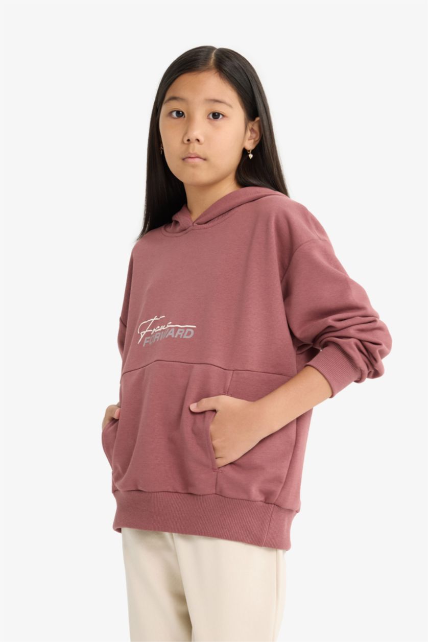 Kız Çocuk - Genç Kız Koyu Gülkurusu Oversize Geniş Kalıp Kapüşonlu Sırt Baskılı Sweatshirt Kız Çocuk