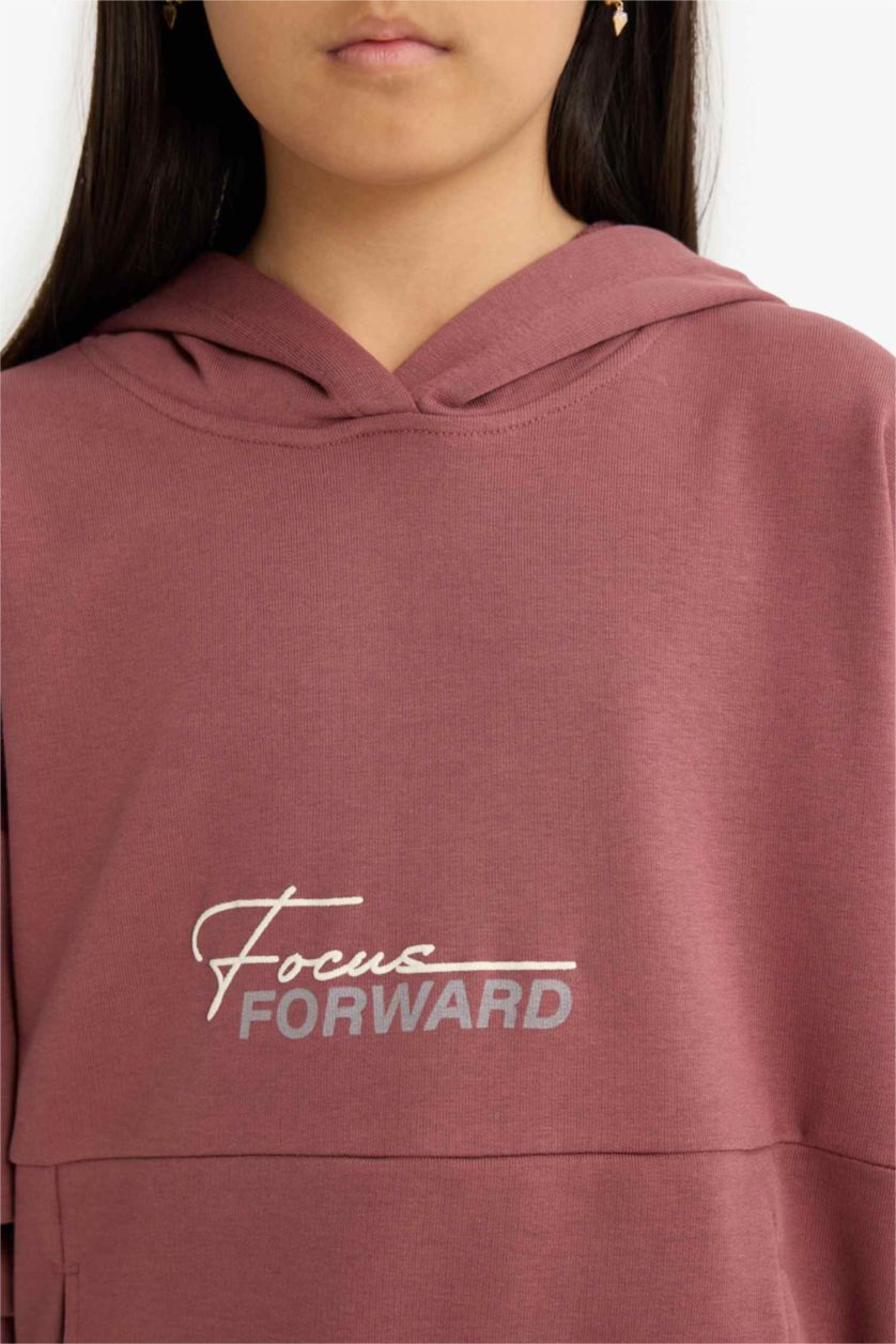Kız Çocuk - Genç Kız Koyu Gülkurusu Oversize Geniş Kalıp Kapüşonlu Sırt Baskılı Sweatshirt Kız Çocuk