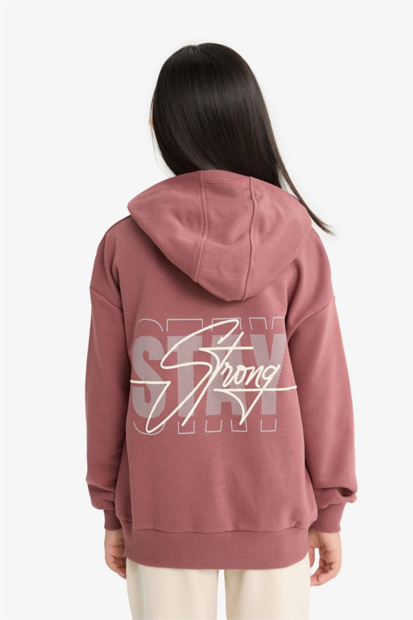 Kız Çocuk - Genç Kız Koyu Gülkurusu Oversize Geniş Kalıp Kapüşonlu Sırt Baskılı Sweatshirt Kız Çocuk