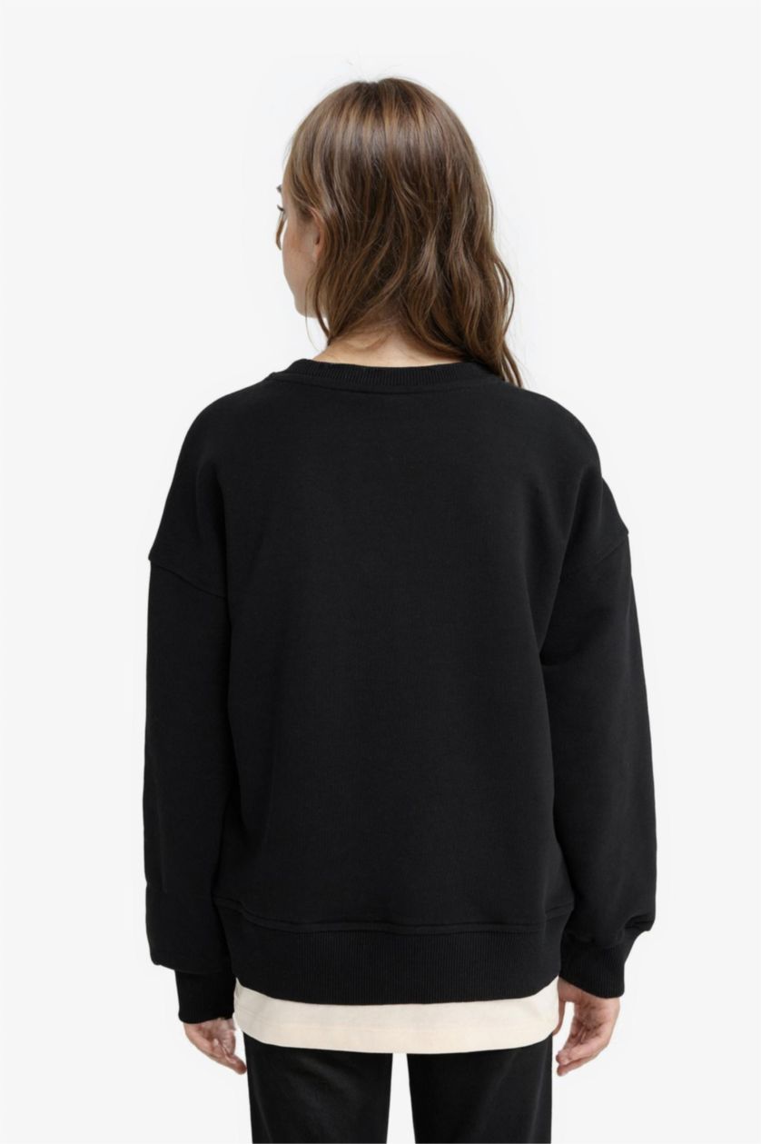 بنات أسود سويت شيرت بناتي رياضي اوفر سايز بياخة مستديرة