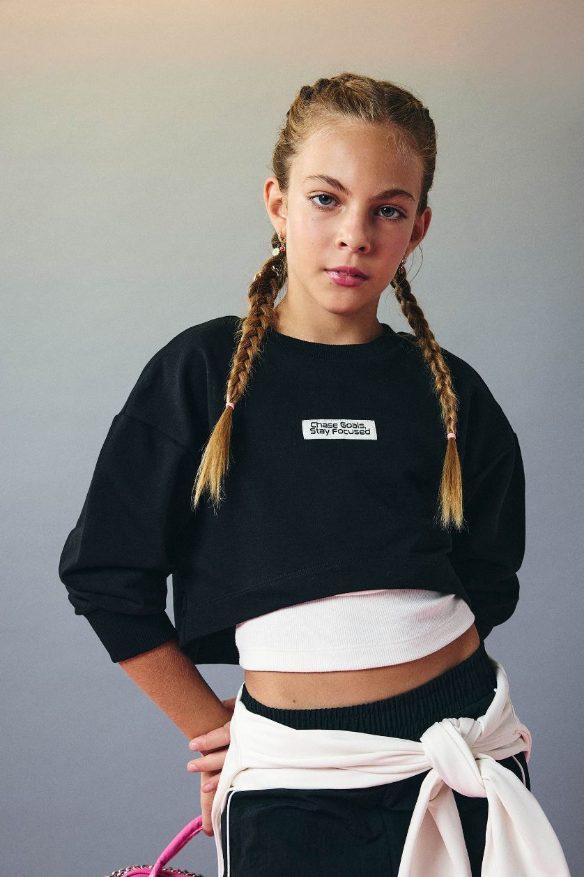 Kız Çocuk - Genç Kız Siyah 2'li Takım Relax Fit Bisiklet Yaka Baskılı Sweatshirt Atlet Kız Çocuk