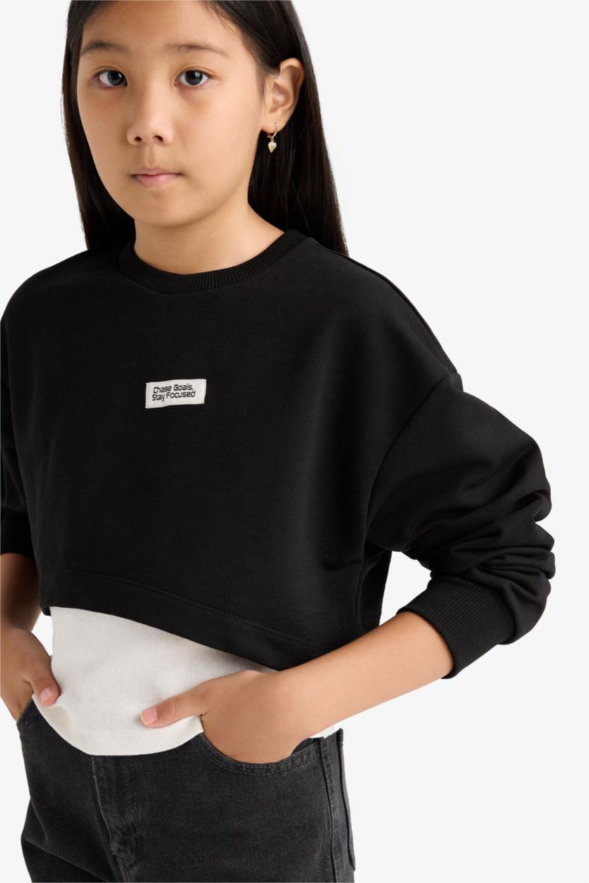 Kız Çocuk - Genç Kız Siyah 2'li Takım Relax Fit Bisiklet Yaka Baskılı Sweatshirt Atlet Kız Çocuk