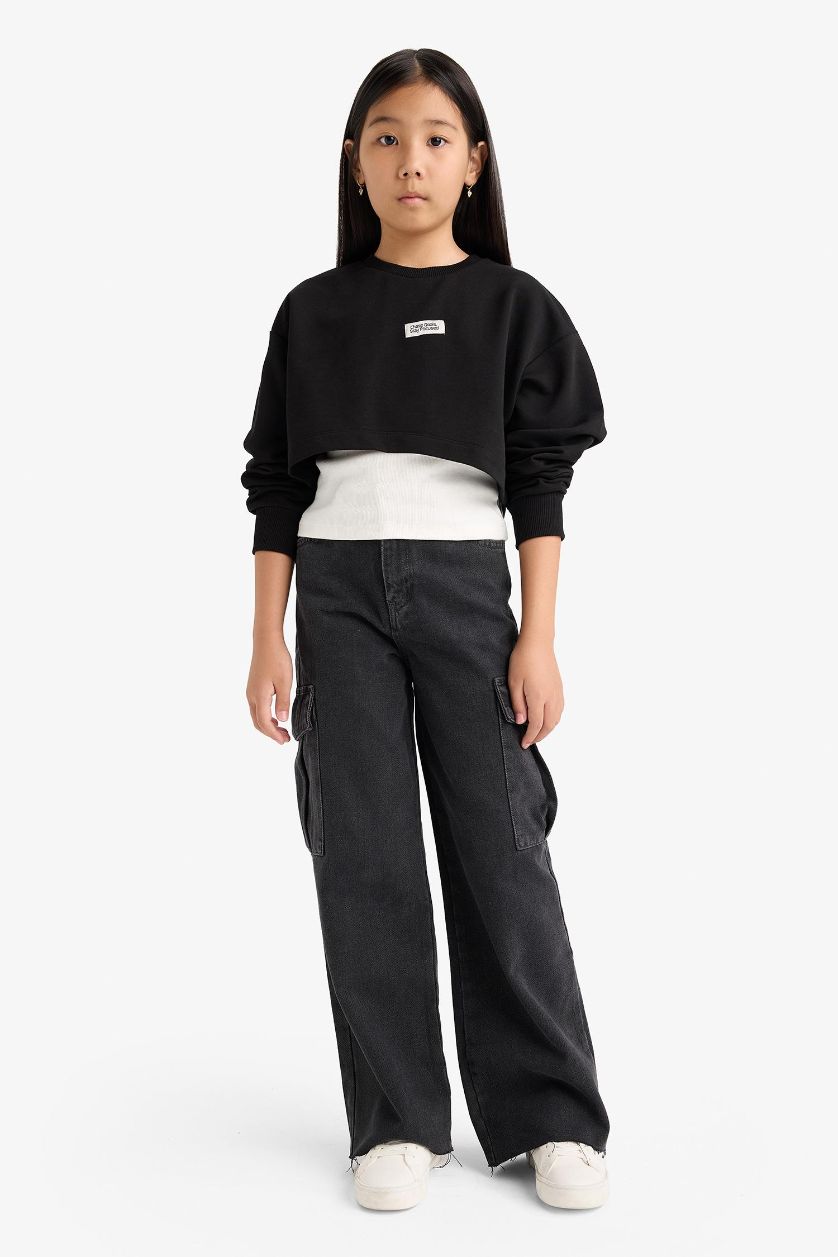 Kız Çocuk - Genç Kız Siyah 2'li Takım Relax Fit Bisiklet Yaka Baskılı Sweatshirt Atlet Kız Çocuk