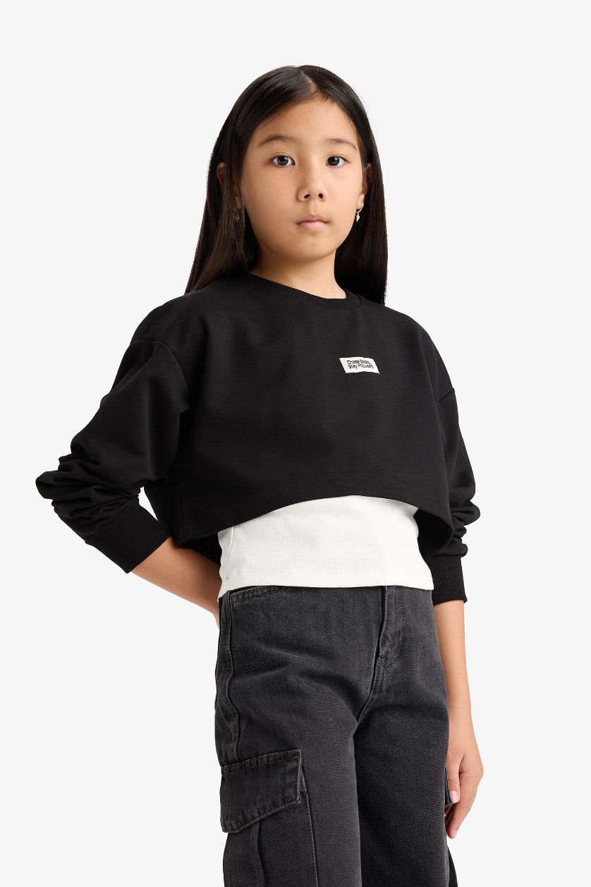 Kız Çocuk - Genç Kız Siyah 2'li Takım Relax Fit Bisiklet Yaka Baskılı Sweatshirt Atlet Kız Çocuk