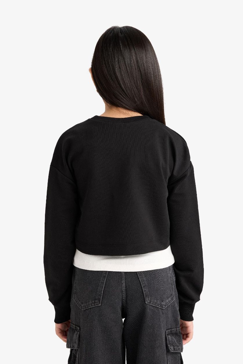 Kız Çocuk - Genç Kız Siyah 2'li Takım Relax Fit Bisiklet Yaka Baskılı Sweatshirt Atlet Kız Çocuk