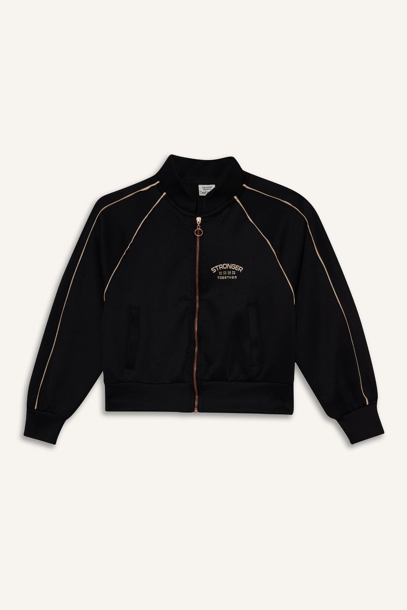 بناتي أسود كارديجان بناتي بطبعة شعار قماش سكوبا قصة مريحة