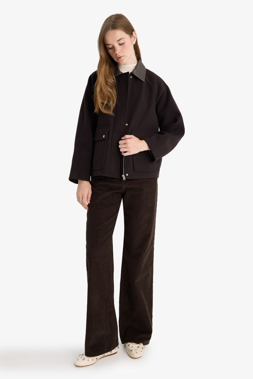 Kadın Kahve Regular Fit Polo Yaka Fermuarlı Kaşe Mont