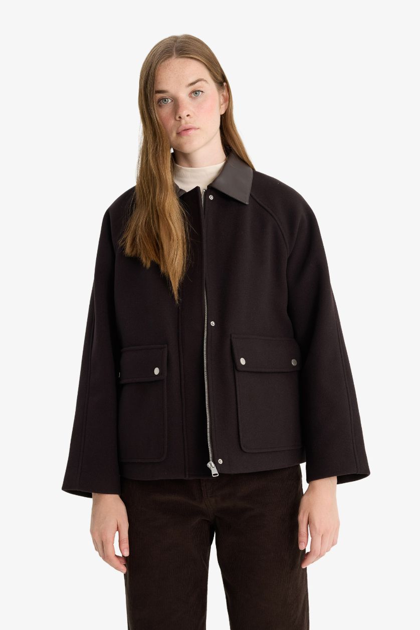 Kadın Kahve Regular Fit Polo Yaka Fermuarlı Kaşe Mont