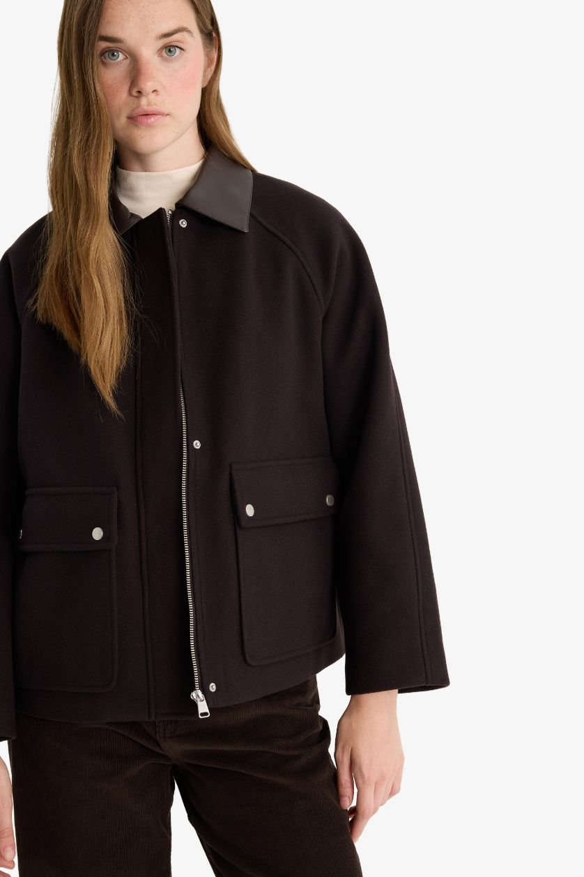 Kadın Kahve Regular Fit Polo Yaka Fermuarlı Kaşe Mont