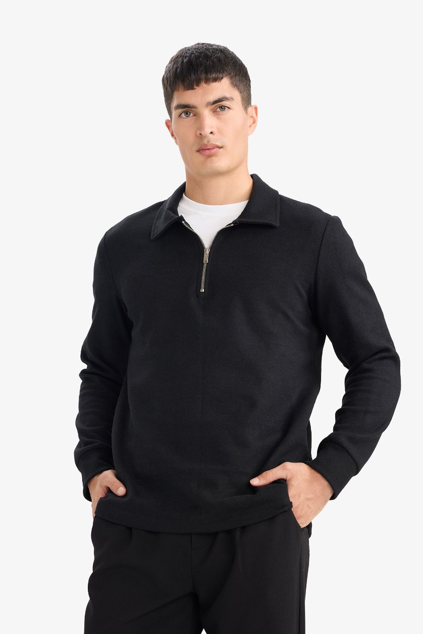 Erkek Siyah Regular Fit Polo Yaka Yarım Fermuarlı Sweatshirt