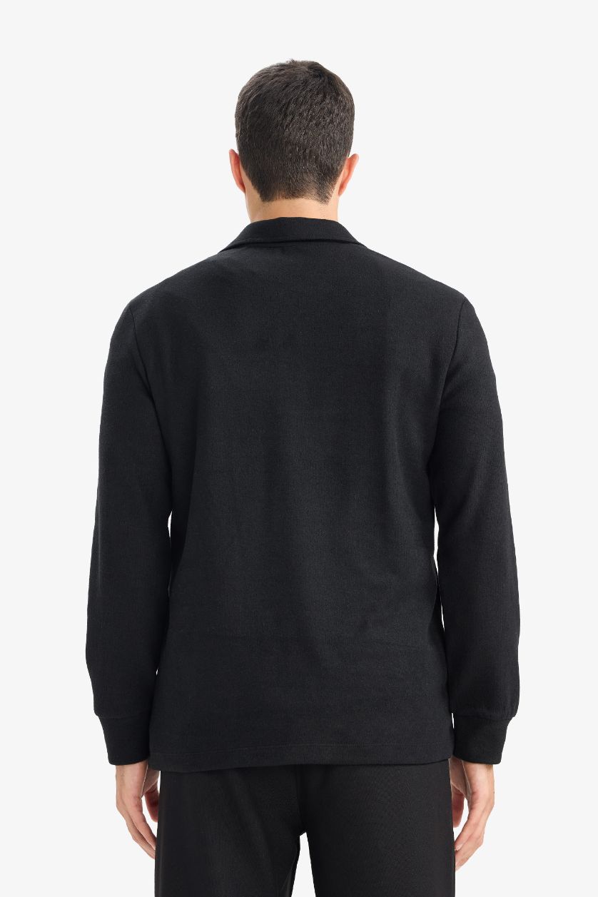 Erkek Siyah Regular Fit Polo Yaka Yarım Fermuarlı Sweatshirt