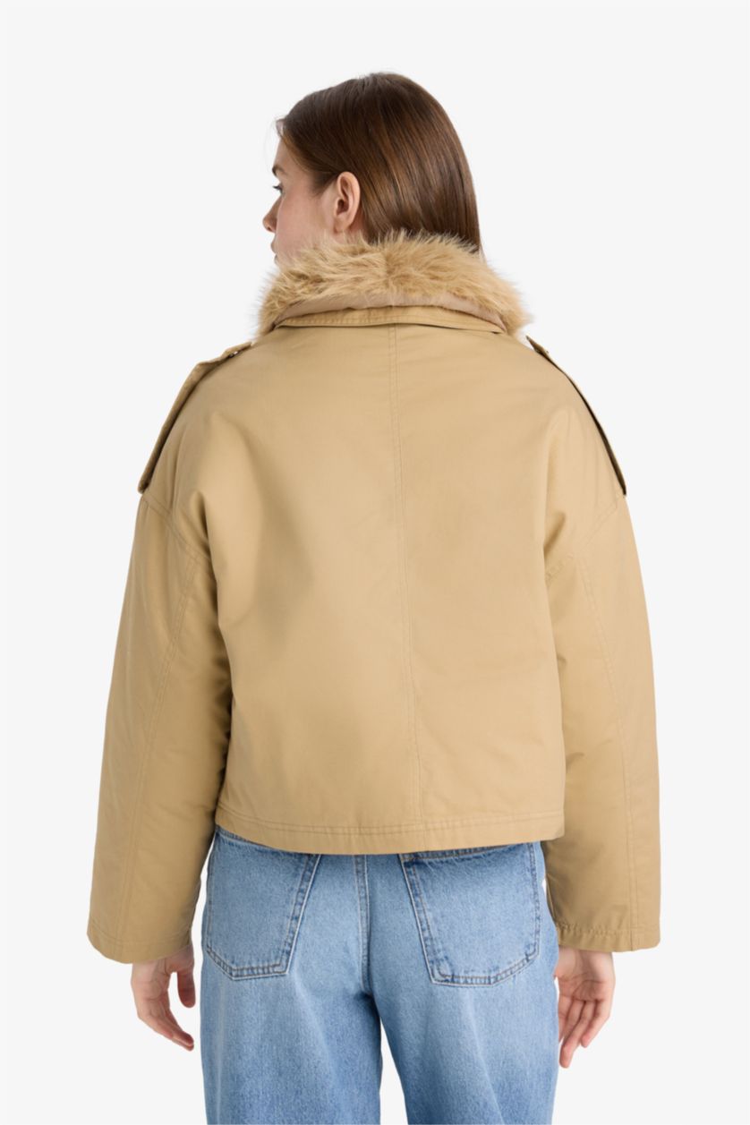 نساء بيج جاكيت خفيف قطن قصة عادية بغطاء للرأس مقاوم للماء