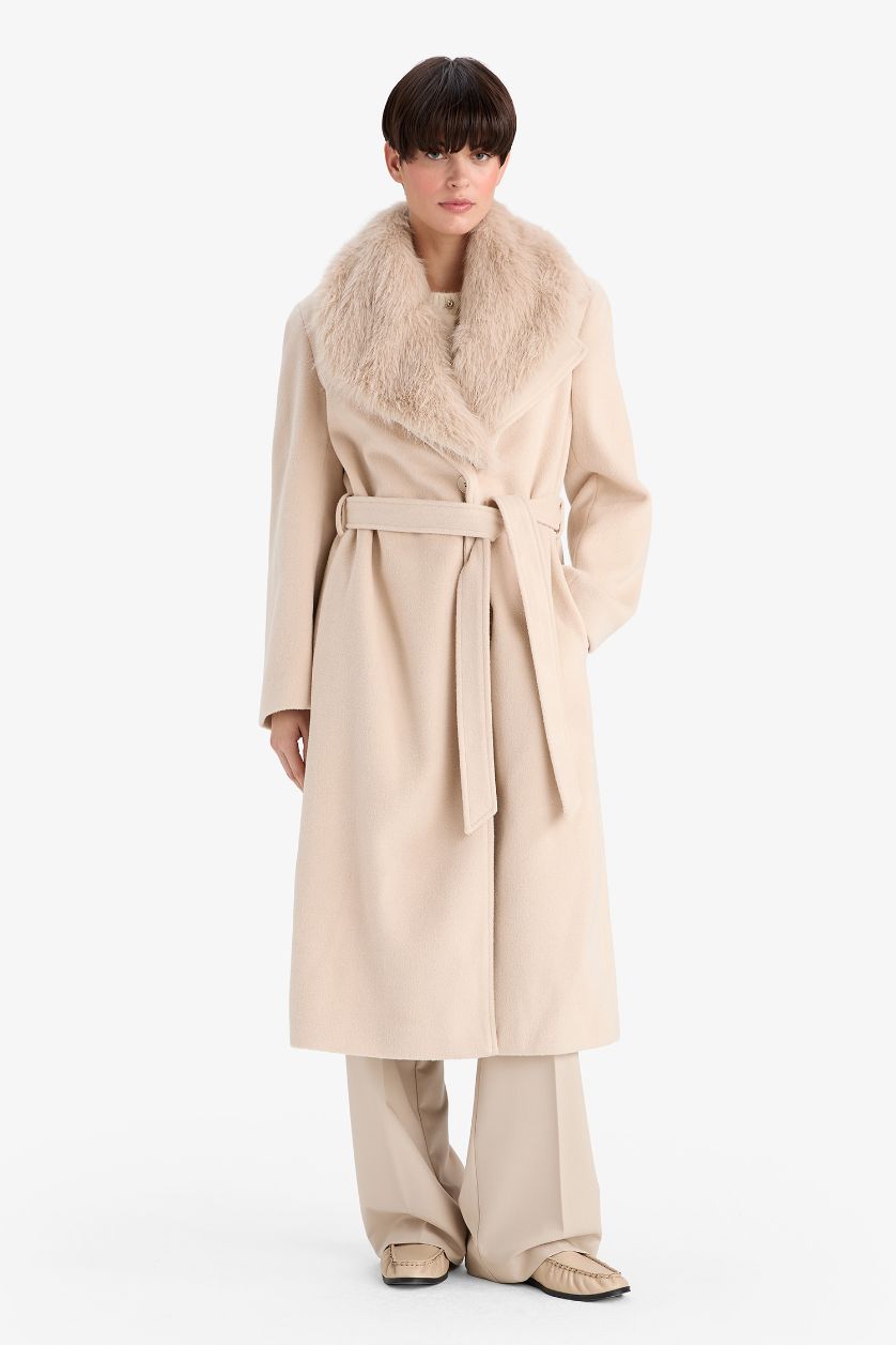 Kadın Ekru Regular Fit Suni Kürk Yaka Kuşaklı Kaşe Uzun Kaban