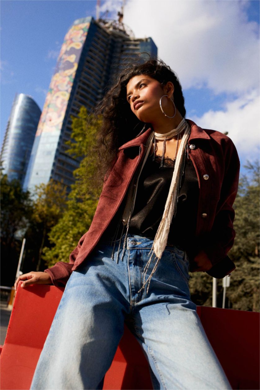 Kadın Bordo Regular Fit Polo Yaka Süet Mont