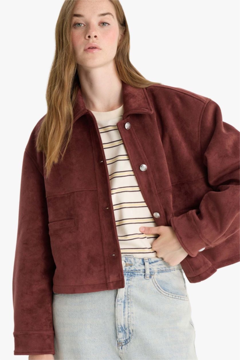 Kadın Bordo Regular Fit Polo Yaka Süet Mont