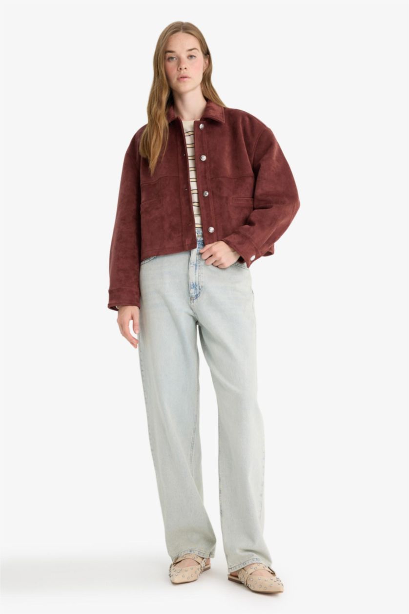 Kadın Bordo Regular Fit Polo Yaka Süet Mont